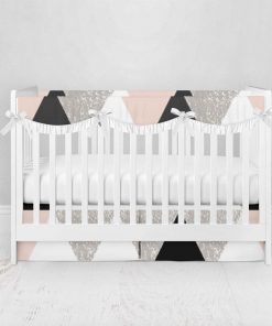 Bumperless Crib Set with Pleated Skirtand Scalloped Rail Covers - Geo Check Pink
