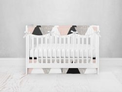 Bumperless Crib Set with Pleated Skirtand Scalloped Rail Covers - Geo Check Pink