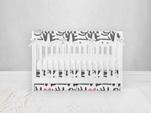 Bumperless Crib Set with Pleated Skirtand Scalloped Rail Covers - Love Everywhere