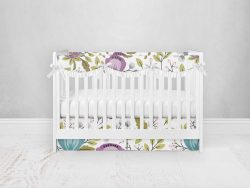 Bumperless Crib Set with Pleated Skirtand Scalloped Rail Covers - Floral Teal Purple