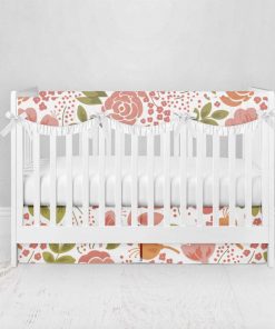 Bumperless Crib Set with Pleated Skirtand Scalloped Rail Covers - Coral Flowers