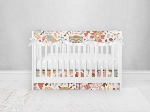 Bumperless Crib Set with Pleated Skirtand Scalloped Rail Covers - Owl Folk