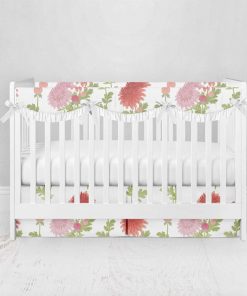 Bumperless Crib Set with Pleated Skirtand Scalloped Rail Covers - Bright Blooms