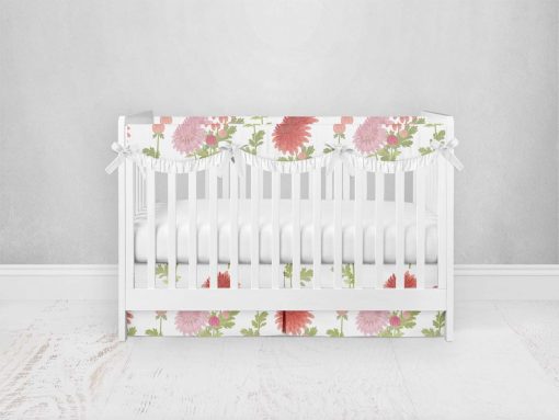 Bumperless Crib Set with Pleated Skirtand Scalloped Rail Covers - Bright Blooms