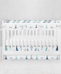 Bumperless Crib Set with Pleated Skirtand Scalloped Rail Covers - Teal Teepee