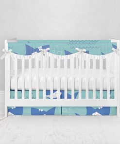 Bumperless Crib Set with Pleated Skirtand Scalloped Rail Covers - Funny Shark