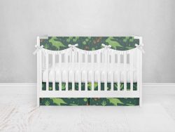Bumperless Crib Set with Pleated Skirtand Scalloped Rail Covers - Dino Green
