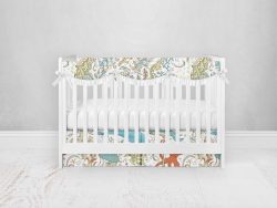 Bumperless Crib Set with Pleated Skirtand Scalloped Rail Covers - Sea Life Fish Whale & Turtles
