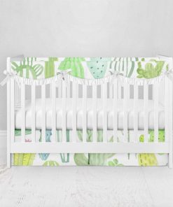 Bumperless Crib Set with Pleated Skirtand Scalloped Rail Covers - Cactus