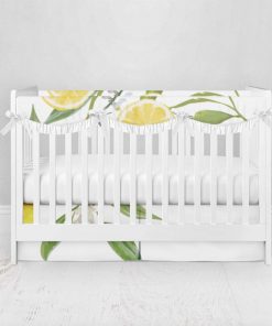 Bumperless Crib Set with Pleated Skirtand Scalloped Rail Covers - Lemons Detailed Floral