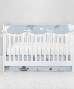 Bumperless Crib Set with Pleated Skirtand Scalloped Rail Covers - Blue  Star Sky