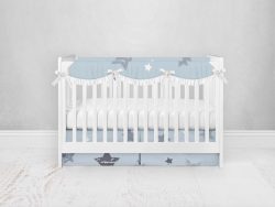 Bumperless Crib Set with Pleated Skirtand Scalloped Rail Covers - Blue  Star Sky