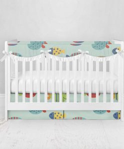 Bumperless Crib Set with Pleated Skirtand Scalloped Rail Covers - Fish Friends