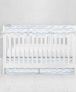 Bumperless Crib Set with Pleated Skirtand Scalloped Rail Covers - Blue Wave