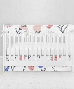 Bumperless Crib Set with Pleated Skirtand Scalloped Rail Covers - Abstract Flowers & Berries