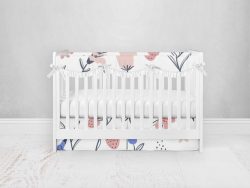 Bumperless Crib Set with Pleated Skirtand Scalloped Rail Covers - Abstract Flowers & Berries