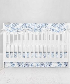 Bumperless Crib Set with Pleated Skirtand Scalloped Rail Covers - Blue Birds Floral