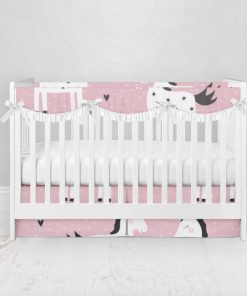 Bumperless Crib Set with Pleated Skirtand Scalloped Rail Covers - Unicorns on Pink