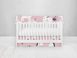 Bumperless Crib Set with Pleated Skirtand Scalloped Rail Covers - Unicorns on Pink