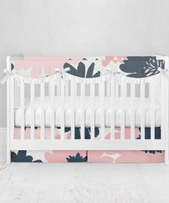 Bumperless Crib Set with Pleated Skirtand Scalloped Rail Covers - Big Blooms