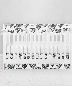 Bumperless Crib Set with Pleated Skirtand Scalloped Rail Covers - Sketched Hearts