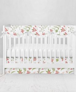 Bumperless Crib Set with Pleated Skirtand Scalloped Rail Covers - Strawberry Sunshine