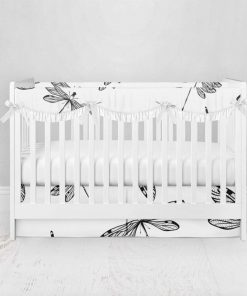 Bumperless Crib Set with Pleated Skirtand Scalloped Rail Covers - Dragonfly Ink