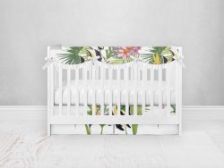 Bumperless Crib Set with Pleated Skirtand Scalloped Rail Covers - Tropical Fish Palm Leaves