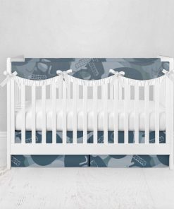 Bumperless Crib Set with Pleated Skirtand Scalloped Rail Covers - Skull Camo Blue