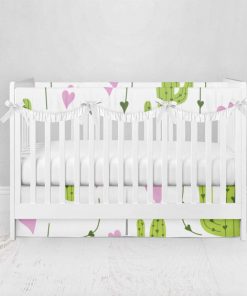 Bumperless Crib Set with Pleated Skirtand Scalloped Rail Covers - Cactus Love