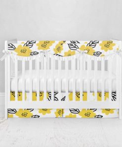 Bumperless Crib Set with Pleated Skirtand Scalloped Rail Covers - Yellow Blossoms