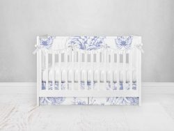 Bumperless Crib Set with Pleated Skirtand Scalloped Rail Covers - Blue Rose Butterfly