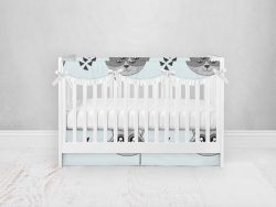 Bumperless Crib Set with Pleated Skirtand Scalloped Rail Covers - Blue Racoon