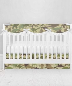 Bumperless Crib Set with Pleated Skirtand Scalloped Rail Covers - Dino Camo