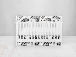 Bumperless Crib Set with Pleated Skirtand Scalloped Rail Covers - Black Paisley