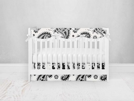 Bumperless Crib Set with Pleated Skirtand Scalloped Rail Covers - Black Paisley