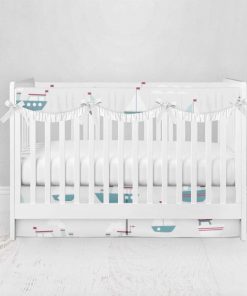 Bumperless Crib Set with Pleated Skirtand Scalloped Rail Covers - Big Boat Small Boat