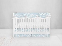 Bumperless Crib Set with Pleated Skirtand Scalloped Rail Covers - Blue Illustrated Flowers
