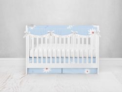 Bumperless Crib Set with Pleated Skirtand Scalloped Rail Covers - Blue Daisies