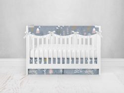Bumperless Crib Set with Pleated Skirtand Scalloped Rail Covers - Bear Blue