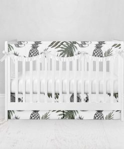 Bumperless Crib Set with Pleated Skirtand Scalloped Rail Covers - Skull Pineapple Black & Green