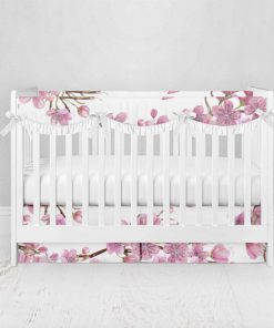 Bumperless Crib Set with Pleated Skirtand Scalloped Rail Covers - Cherry Blossoms