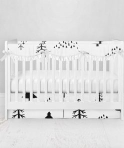 Bumperless Crib Set with Pleated Skirtand Scalloped Rail Covers - Trees on White