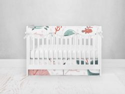 Bumperless Crib Set with Pleated Skirtand Scalloped Rail Covers - Whale & Jellyfish
