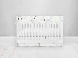 Bumperless Crib Set with Pleated Skirtand Scalloped Rail Covers - Baby Blue Flowers
