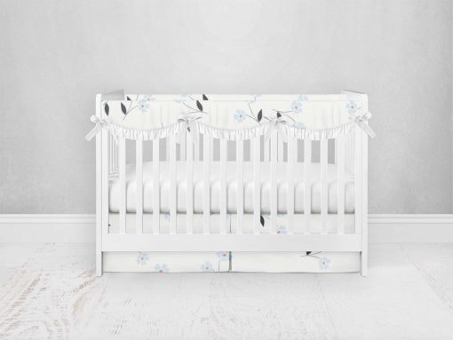 Bumperless Crib Set with Pleated Skirtand Scalloped Rail Covers - Baby Blue Flowers