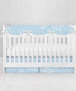 Bumperless Crib Set with Pleated Skirtand Scalloped Rail Covers - Soft Blue Dots