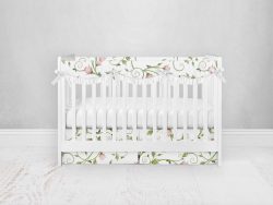 Bumperless Crib Set with Pleated Skirtand Scalloped Rail Covers - Vine and Roses