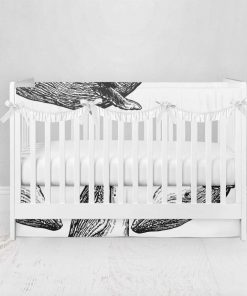 Bumperless Crib Set with Pleated Skirtand Scalloped Rail Covers - Sketched Black & White Whales