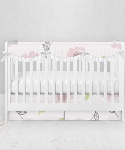 Bumperless Crib Set with Pleated Skirtand Scalloped Rail Covers - Dainty Pink Flowers